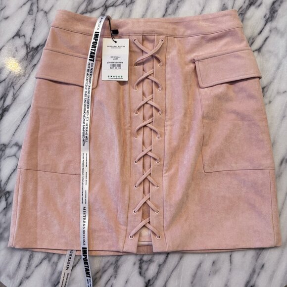 NWT Mistress Rocks Light Pink Suede Lace Up Mini Skirt Size M with Pockets - Picture 1 of 13